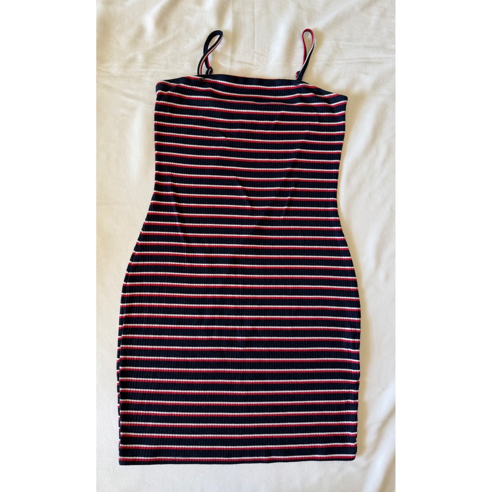 SHEIN Navy Blue Red White Striped Ribbed Bodycon Mini Dress Small - Picture 2 of 8